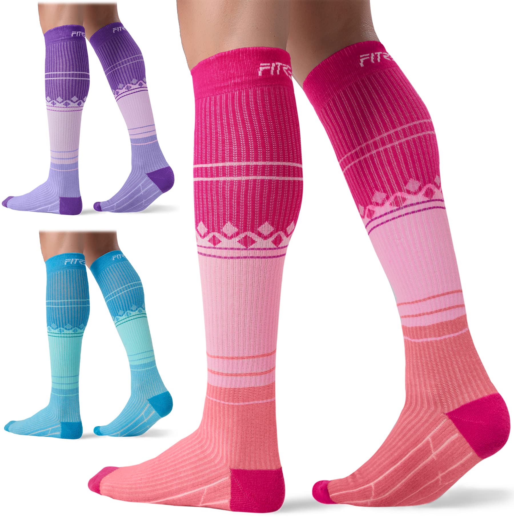 FITRELL 3 Pairs Compression Socks for Women and Men 15-20mmHg-Muscle Circulation Support Socks for Travel, Nurse, Knee High Socks, Pink+Purple+Blue L/XL