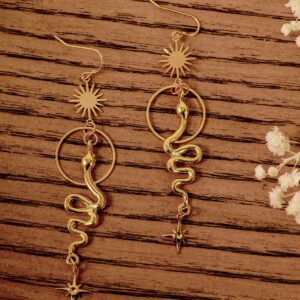 Sacina Gothic Sun Star Snake Earrings, Gold-Plated- Brass Snake Sun Star Pendant, Celestial Earrings, Goth Halloween Christmas New Year Jewelry Gift for Women