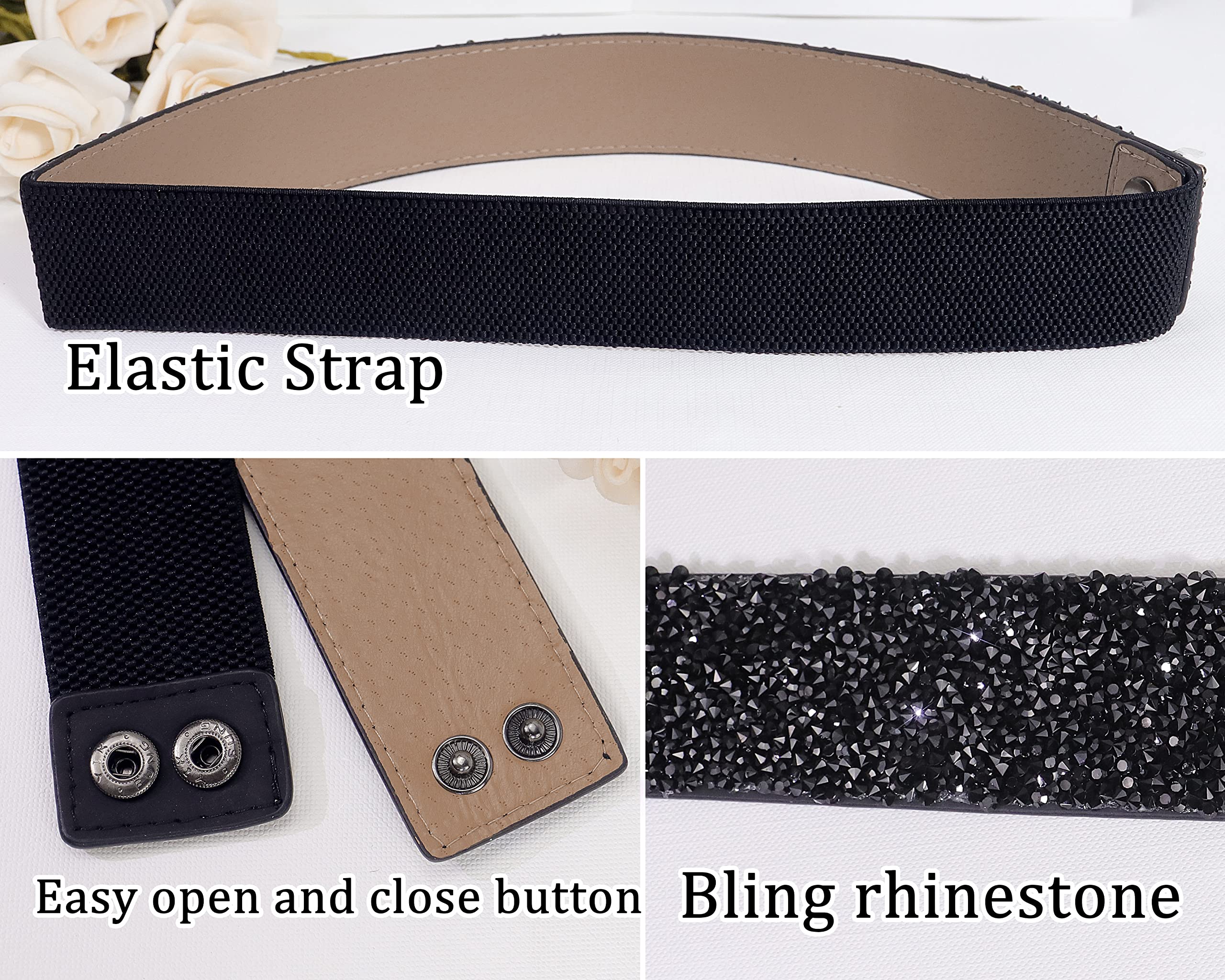 Lovful Elastic Rhinestone Belt,Shiny Sparkly Waist belt,Stretch Belts for Women Dresses,Black