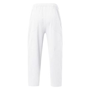 Men's Loose Fit Cotton Linen Pants Drawstring Stretch Comfy Summer Beach Yoga Pants Straight Leg Open Bottom Trousers White, 3X-Large