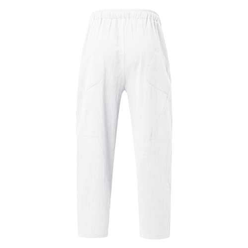 Men's Loose Fit Cotton Linen Pants Drawstring Stretch Comfy Summer Beach Yoga Pants Straight Leg Open Bottom Trousers White, 3X-Large