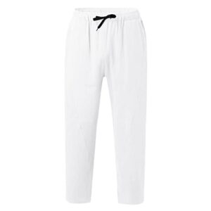 Men's Loose Fit Cotton Linen Pants Drawstring Stretch Comfy Summer Beach Yoga Pants Straight Leg Open Bottom Trousers White, 3X-Large