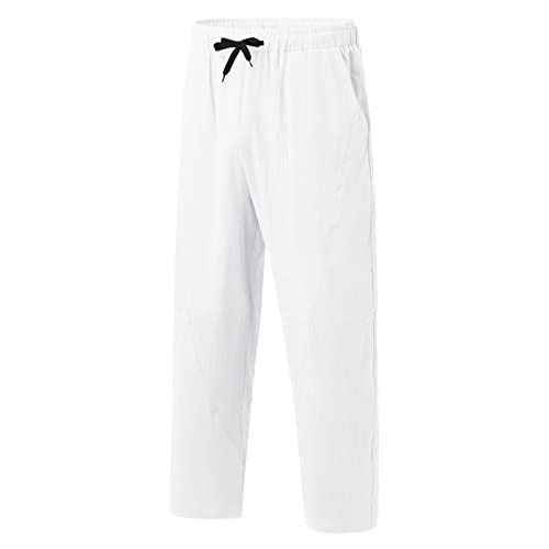 Men's Loose Fit Cotton Linen Pants Drawstring Stretch Comfy Summer Beach Yoga Pants Straight Leg Open Bottom Trousers White, 3X-Large