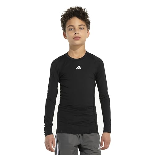 adidas Boys' Moisture Wicking Compression T-Shirt Techfit Athletic Long Sleeve Tee, Black/Chest Logo, Large (14/16)