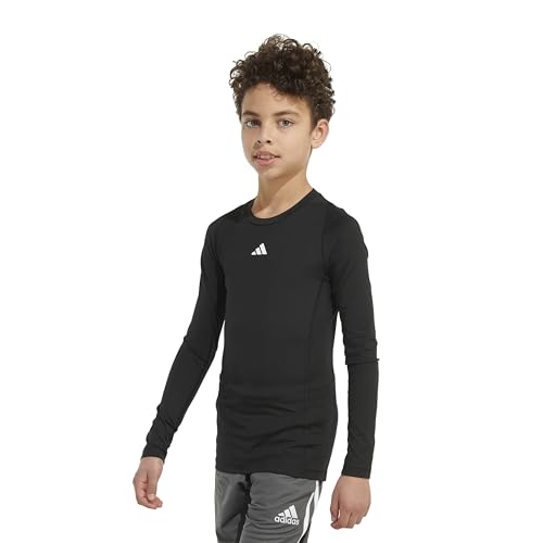 adidas Boys' Moisture Wicking Compression T-Shirt Techfit Athletic Long Sleeve Tee, Black/Chest Logo, Large (14/16)