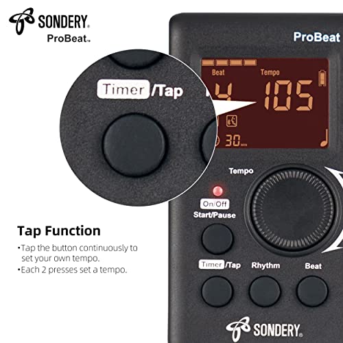 Sondery Digital Metronome for Guitar Piano Drum and All Instruments with Timer, English Vocal Counting and 3 Different Sounds with Earphone Jack and Flashing Light, Loud Volume, Rechargeable