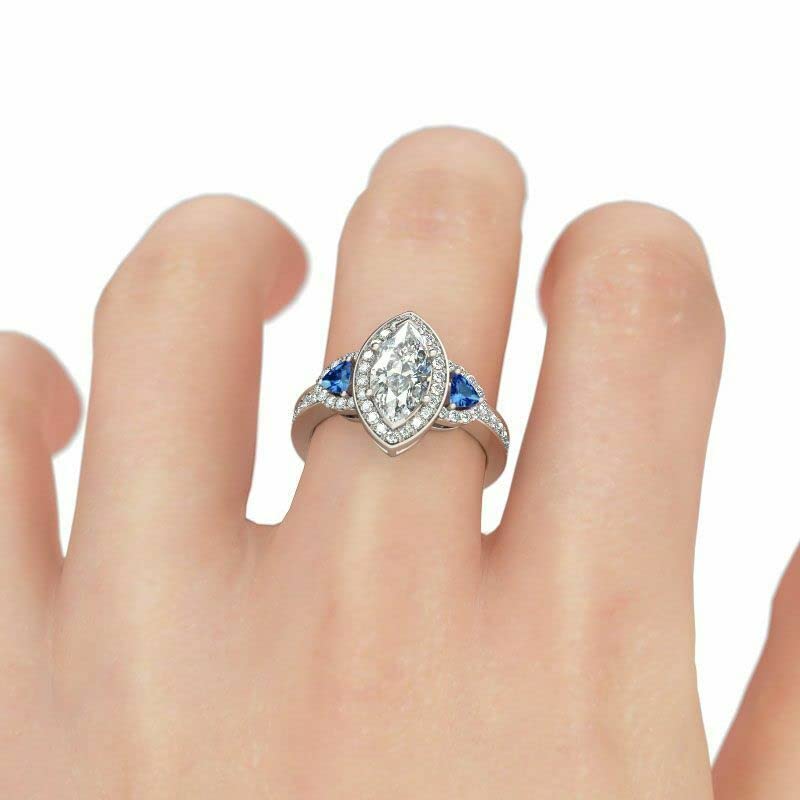 BeBold 3.5ct Marquise Simulated Diamond CZ Halo Created Sapphire Accent Engagement Ring for Women White Gold Plated