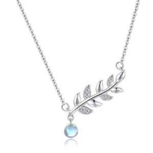 Midir&Etain 925 Sterling Silver Leaf Necklace Moonstone Pendant Moonstone Jewelry Gifts for Women Hypoallergenic Necklace for Sensitive Neck