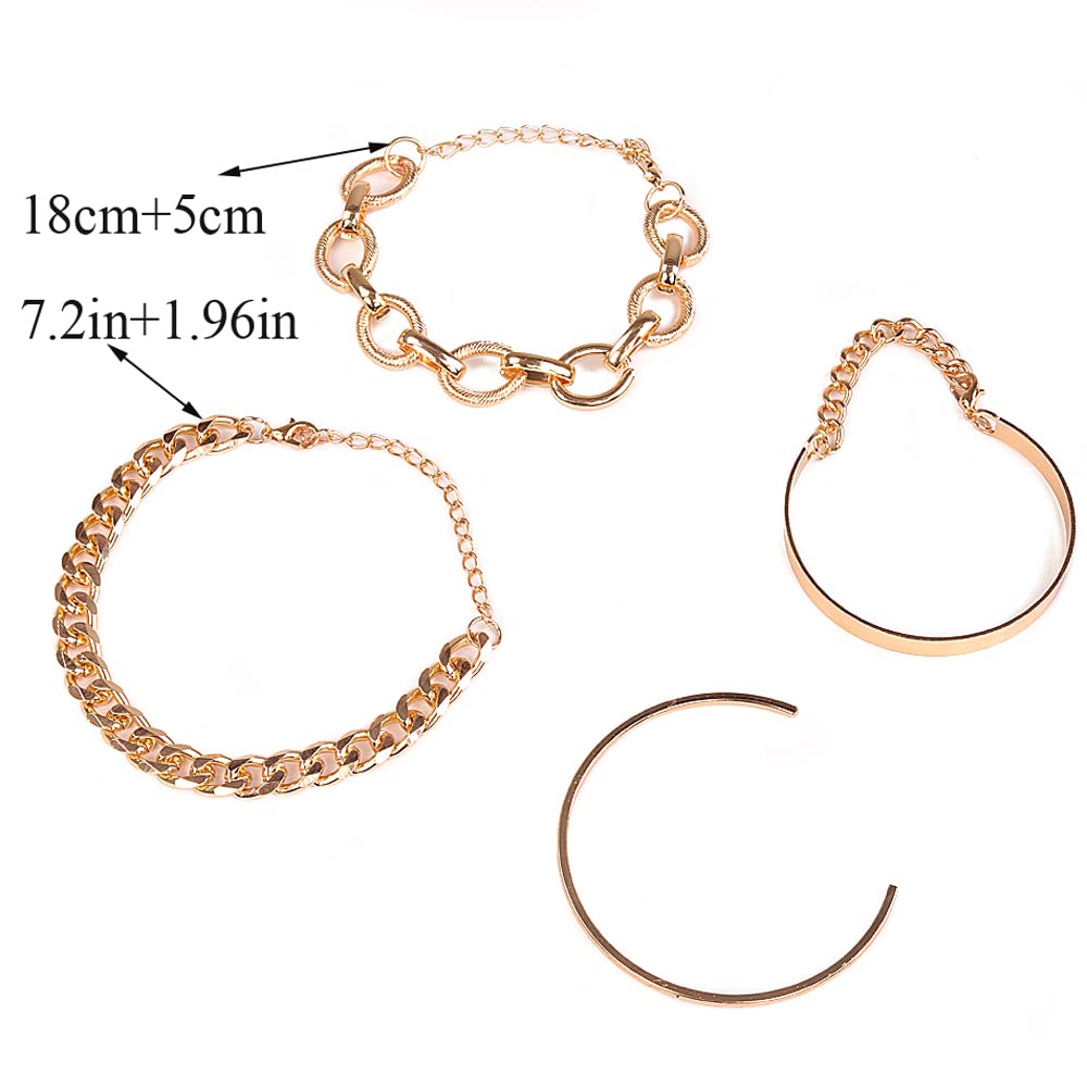 Missgrace 4Pcs Boho Simple Gold Silver Chain Bracelet Sets Dainty Link Bracelets Chunky Adjustable Layered Link Bracelet for Women Girls (Gold)