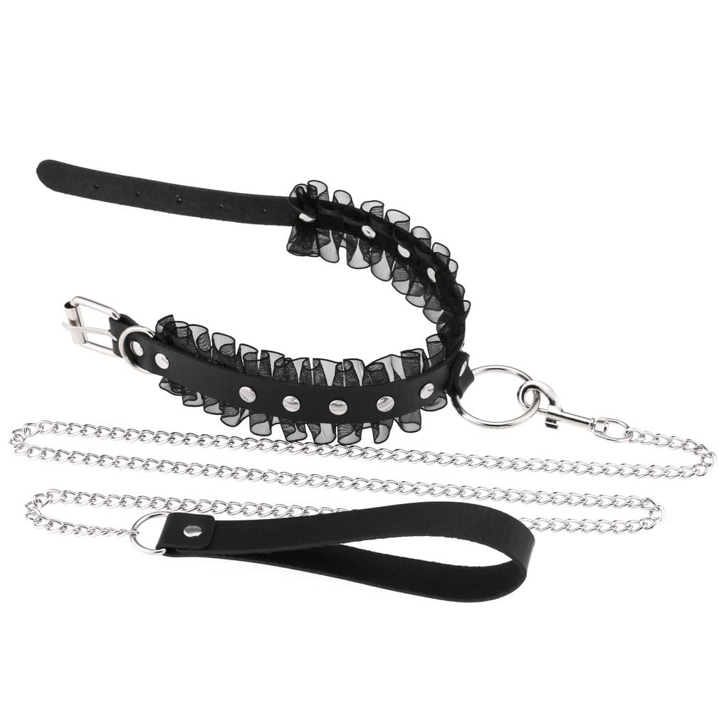 FM FM42 Black PU Simulated Leather Silvert-Tone Rivets O Ring Lace Collar Choker Necklace with Detachable Chain Leash