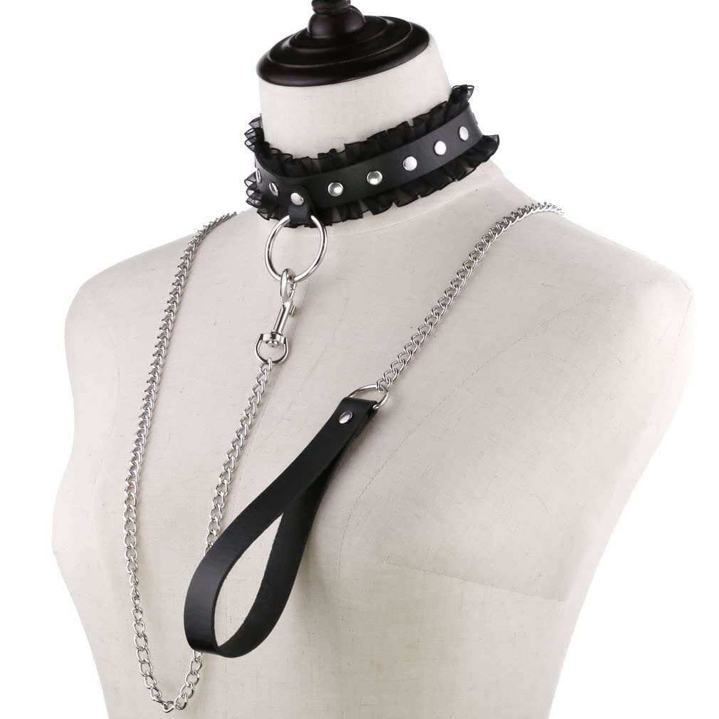 FM FM42 Black PU Simulated Leather Silvert-Tone Rivets O Ring Lace Collar Choker Necklace with Detachable Chain Leash