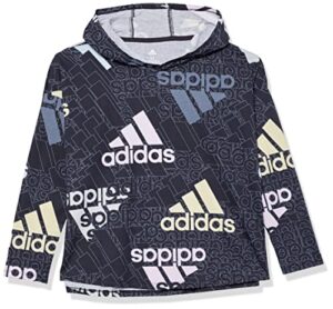 adidas girls' big long sleeve hooded graphic tee, allover/black, medium (10/12)