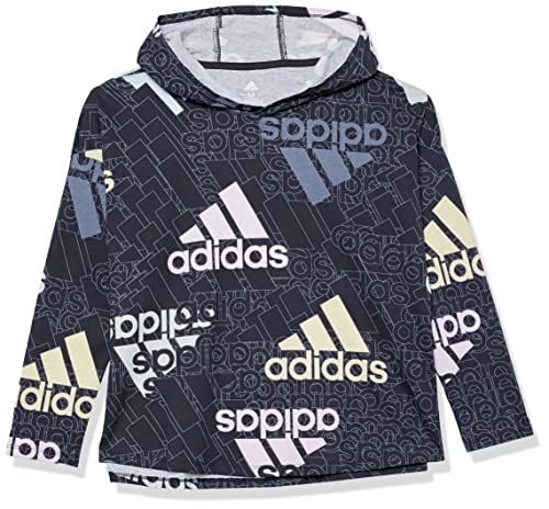 adidas Girls' Big Long Sleeve Hooded Graphic Tee, Allover/Black, Medium (10/12)