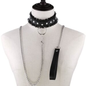 FM FM42 Black PU Simulated Leather Silvert-Tone Rivets O Ring Lace Collar Choker Necklace with Detachable Chain Leash