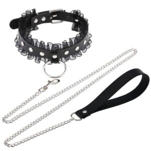 fm fm42 black pu simulated leather silvert-tone rivets o ring lace collar choker necklace with detachable chain leash