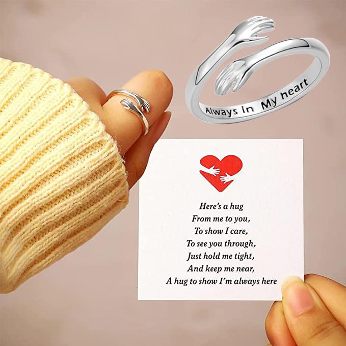 RINHOO Hug Rings for Women 18K Gold Plated Gold Silver Adjustable Ring for Mother Daughter(Always in my heart-Silver)