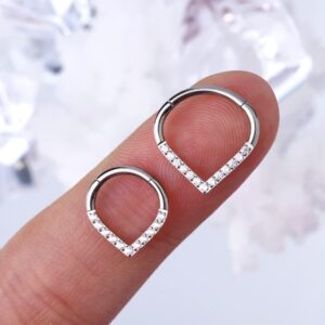 CM Crareesi Mania G23 Titanium Septum Rings Teardrop Titanium Cartilage Earring Hoop 8mm Titanium Daith Piercing Rings 16G Small Septum Jewelry Hoops Clear CZ Helix Piercing Jewelry