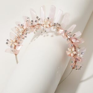 Raw Crystal Quartz Crown Headband Women Pink Crown Flower Crystal Mermaid Tiara Headband Handmade Natural Stone Witch Headpiece for Girls Wedding Party Bride Fairy Costume Hair Accessories