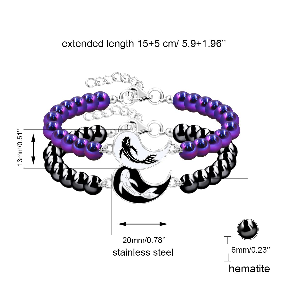 Yin Yang Fish Bracelets Set for Couples - His and Hers Round Black Purple Hematite Beads Bracelets,Matching Puzzle YinYang Fish Bracelets for Boyfriend Girlfriend Best Friends Y2100