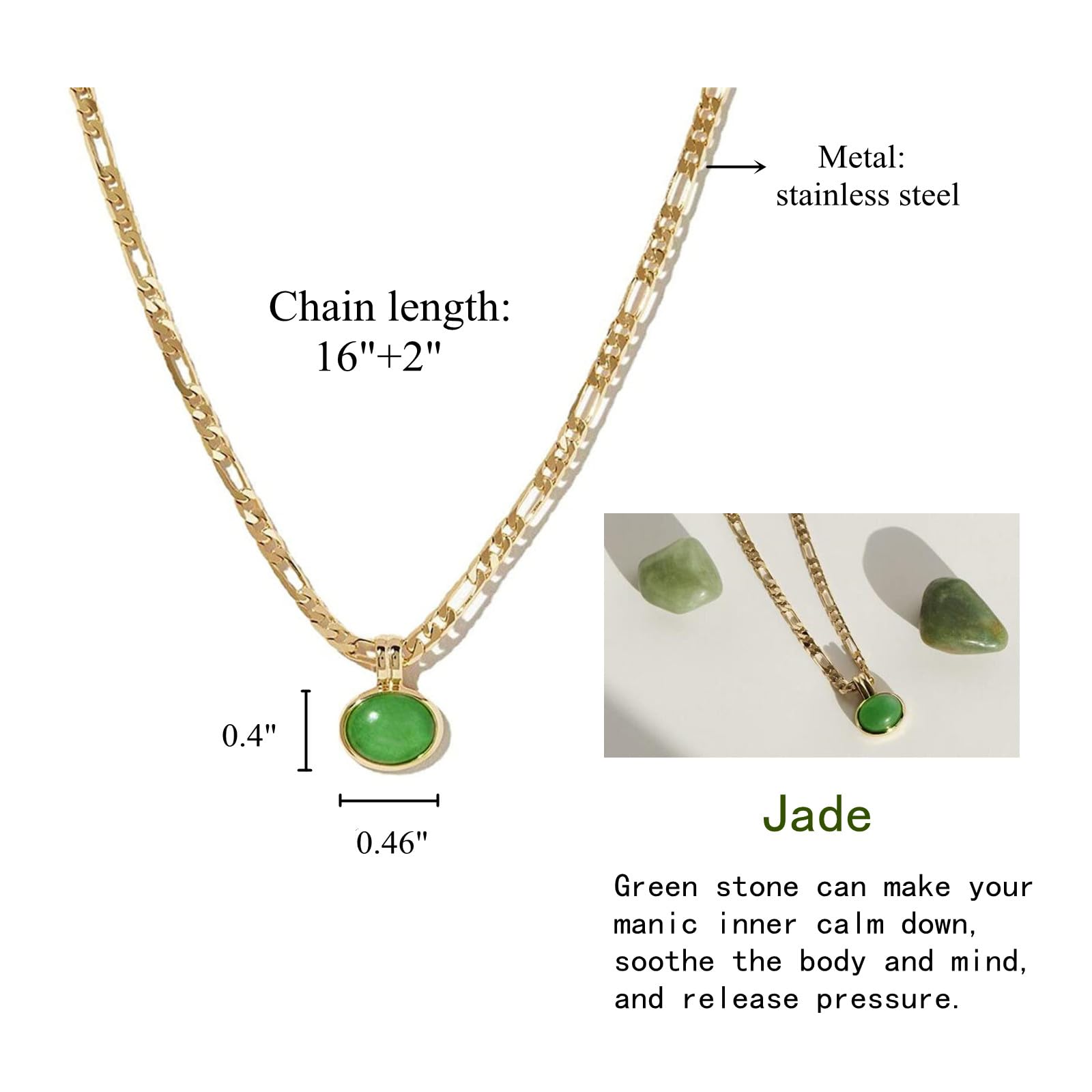 Moonffay Green Aventurine Pendant Gold Necklace for Women,Charm Plated 18k Gold Stainless Steel Non Tarnish Figaro Chain Non Tarnish Choker Necklaces Woman Jewelry