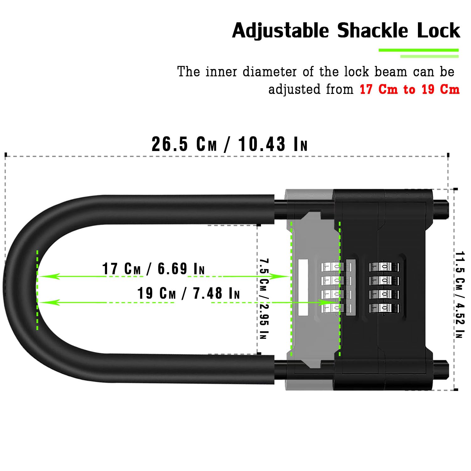 4 Digit Combination Padlock,Heavy Duty Anti Theft U-Shape Security Code Lock with Adjustable Shackle,for Bicycles, E-Bike,Mountain Bike,Road Bike,Gates,Shed, Fence [ Adjustable Range 170-190mm]