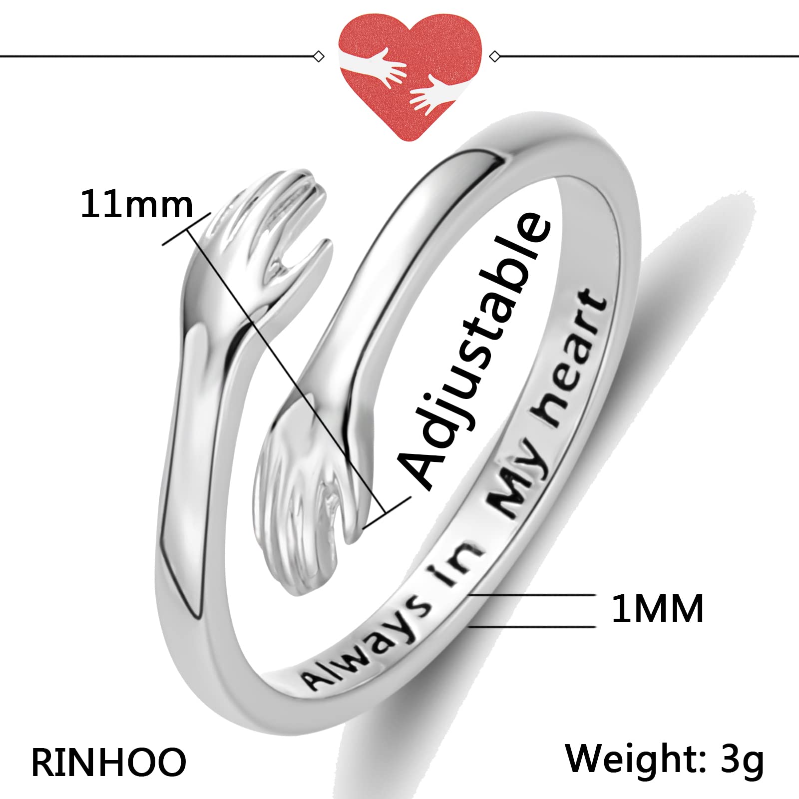 RINHOO Hug Rings for Women 18K Gold Plated Gold Silver Adjustable Ring for Mother Daughter(Always in my heart-Silver)