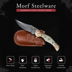 Morf Steelware Hand Forged Damascus Steel Folding Pocket Knife Camping & Survival Knife With Leather Sheath, Handmade Damascus Steel Hunting Knife for Men