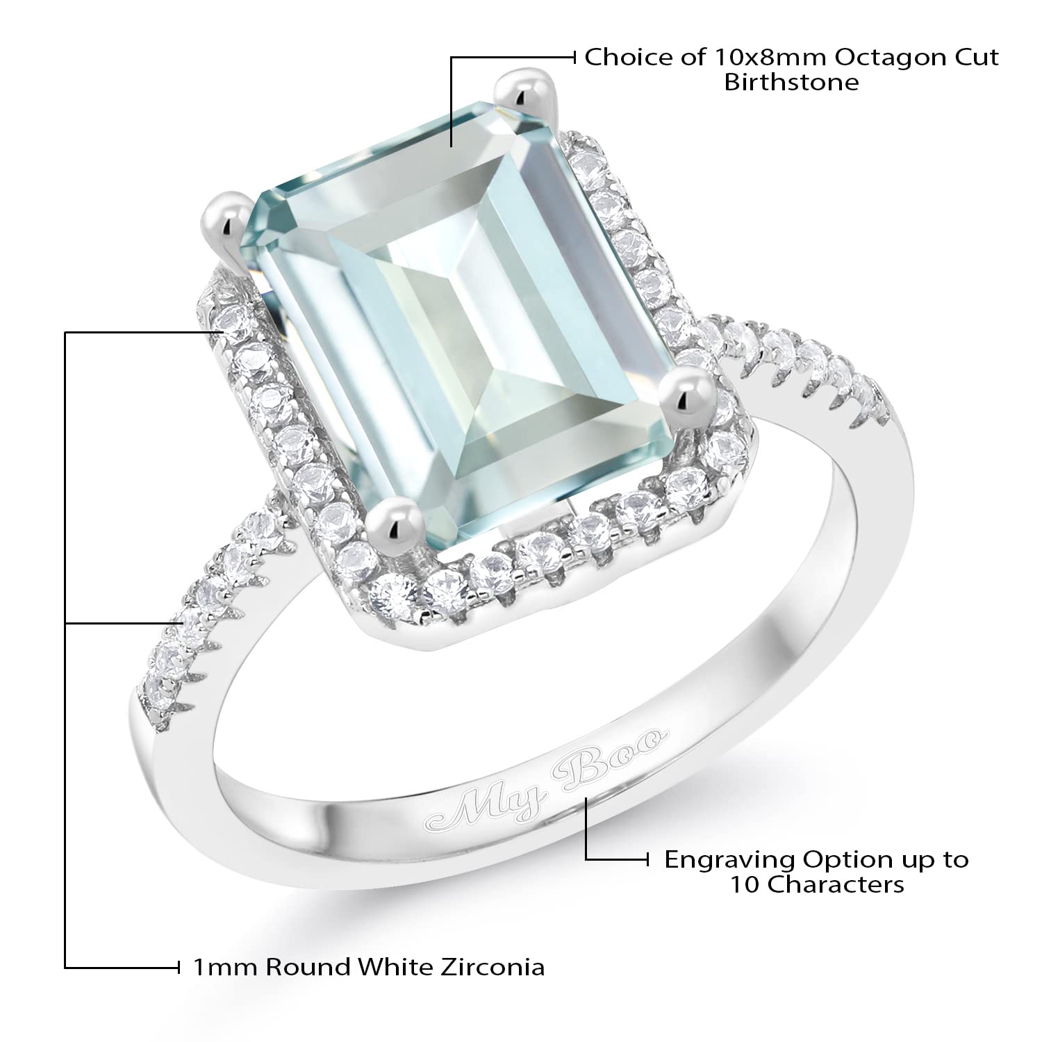 Gem Stone King 925 Sterling Silver Gemstone Birthstone Engagement Ring | Emerald Cut 10X8MM | Wedding Engagement Anniversary Promise Ring For Women | Available In Size 5, 6, 7, 8, 9