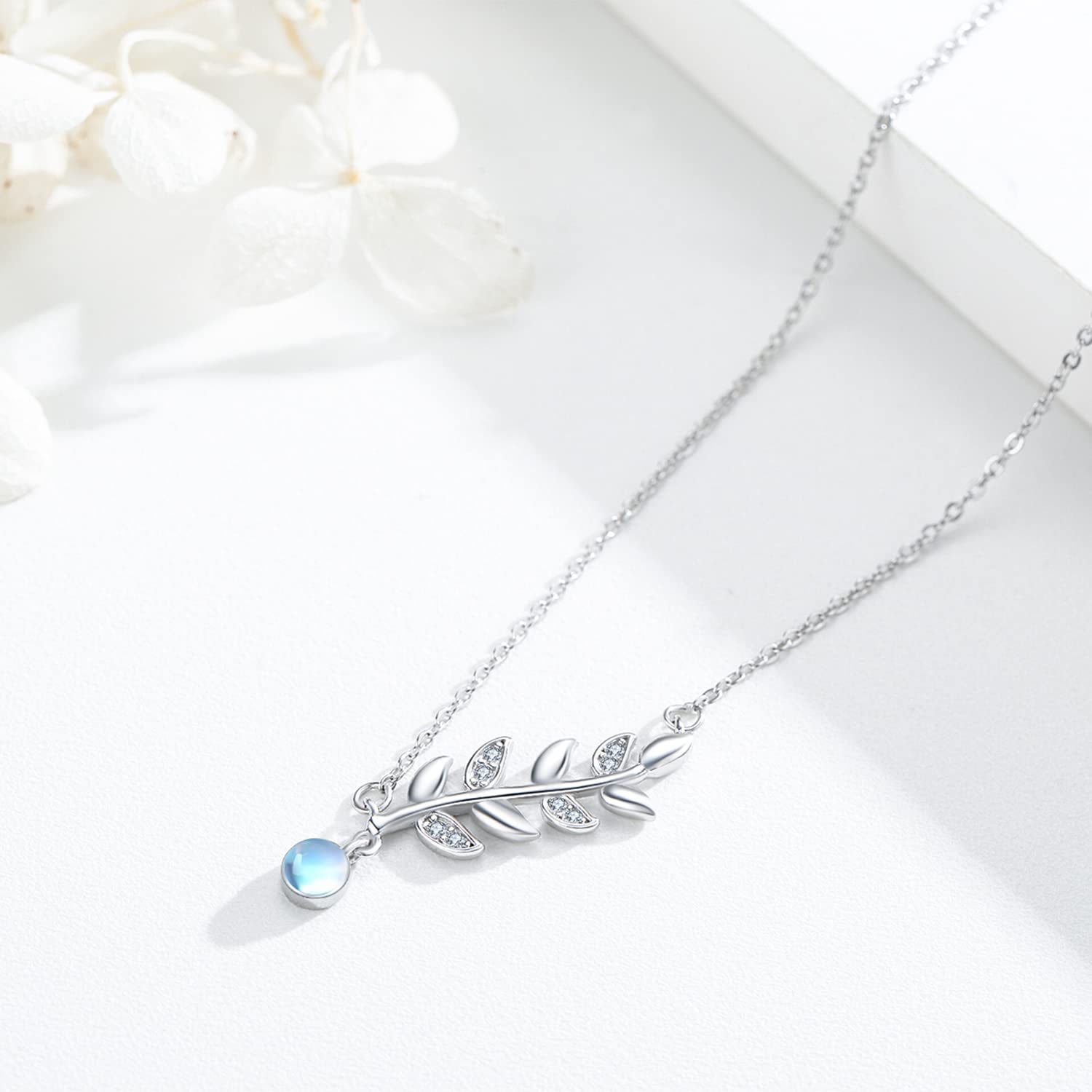 Midir&Etain 925 Sterling Silver Leaf Necklace Moonstone Pendant Moonstone Jewelry Gifts for Women Hypoallergenic Necklace for Sensitive Neck