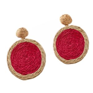 Rattan Earrings Boho Summer Beach Hand Woven Round Rattan Plaited Articles Drop Earrings for Women Handmade Rattan Ball Disc Dangle Earrings Vacation Accessory Gifts-Red