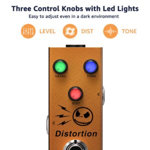 Sofadio Distortion Guitar Pedal, True Bypass DC 9V Mini Single Effect Pedals for Electric Guitars with Color LED Buttons Easy to Use in Dark Environment