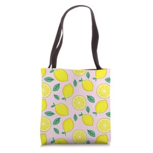 Summer Lemons Yellow Lemon Slices Leaves Pattern Cute Pink Tote Bag