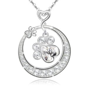 Paw Print Necklace for Women Girls - Sterling Silver Puppy Dog Cat Pet Paw Print Circle Pendant Necklace Cubic Zirconia Dainty Cute Adjustable Charm Necklace Birthday Gifts for Women Teens,15.7"+3.9"