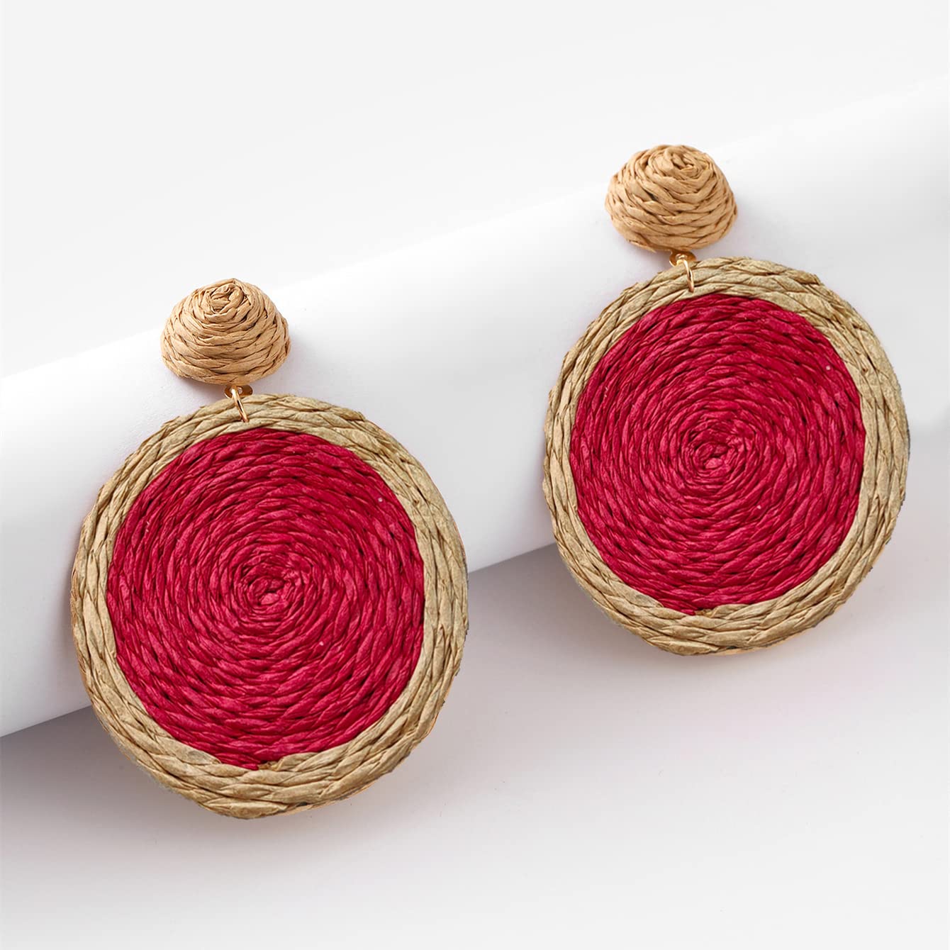 Rattan Earrings Boho Summer Beach Hand Woven Round Rattan Plaited Articles Drop Earrings for Women Handmade Rattan Ball Disc Dangle Earrings Vacation Accessory Gifts-Red