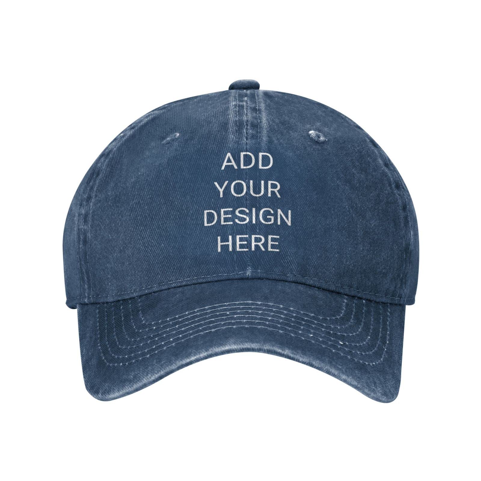 Custom Denim Hat for Men Personalized Design Your Own Text Name Logo Photo Hat Metal Adjustable Buckle Sweat-Absorbent Baseball Cap Washed Unisex (Navy)