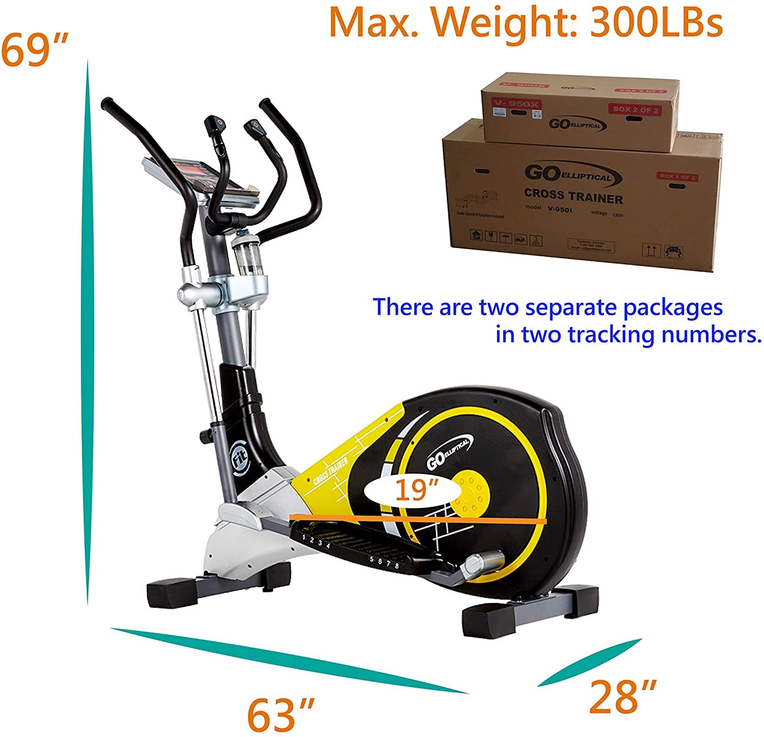 V-950X Extra Length Motorized 19" Stride Programmable Elliptical Cross Trainer - Cardio Fitness Strength Conditioning Workout for home use or gym (V-950X, Black/Yellow)