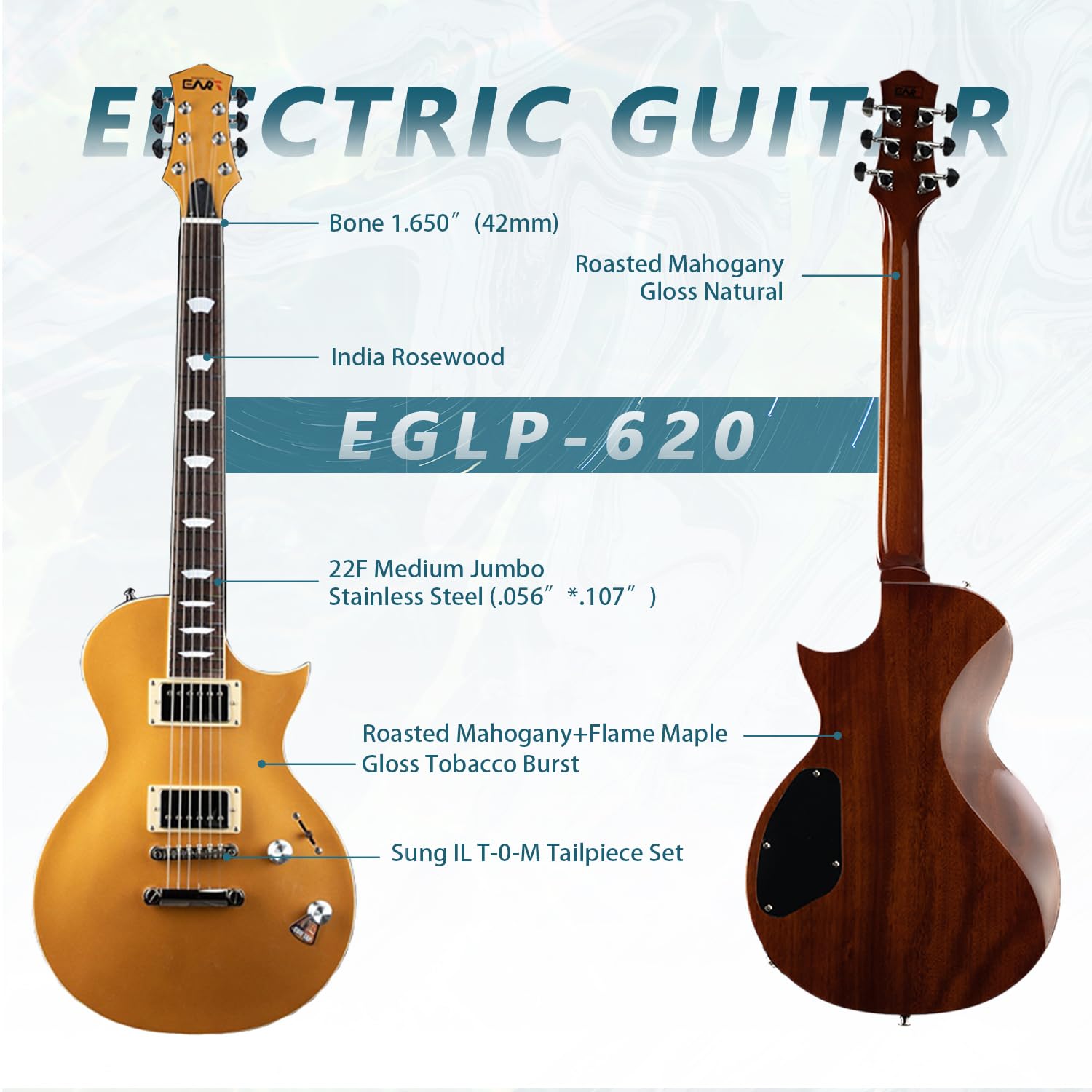 EART EGLP-620 6 String Solid Full-Size Electric Guitar,Full-Size 39 Inch Roasted Mahogany Stainless Steel Frets India Rosewood Fingerboard, Multiple Color Selection