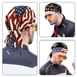 DOCILA 3 Pcs Do Rags for Men Stripe Star Skull Cap American Flag Bandana Hat Breathable Helmet Linner Beanie Patriotic Cycling Hats Veterans Memorial Gifts