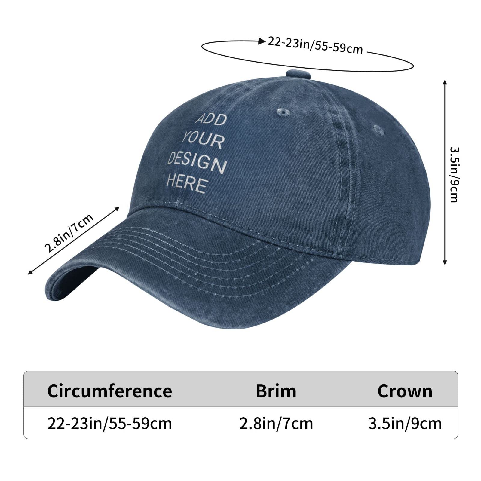 Custom Denim Hat for Men Personalized Design Your Own Text Name Logo Photo Hat Metal Adjustable Buckle Sweat-Absorbent Baseball Cap Washed Unisex (Navy)