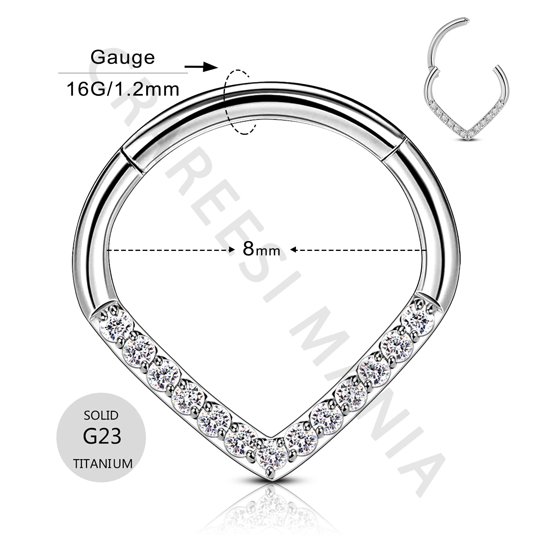 CM Crareesi Mania G23 Titanium Septum Rings Teardrop Titanium Cartilage Earring Hoop 8mm Titanium Daith Piercing Rings 16G Small Septum Jewelry Hoops Clear CZ Helix Piercing Jewelry