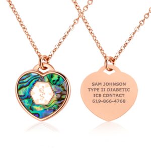 divoti abalone shell pvd rose gold heart medical alert id necklace for women 24 in-white