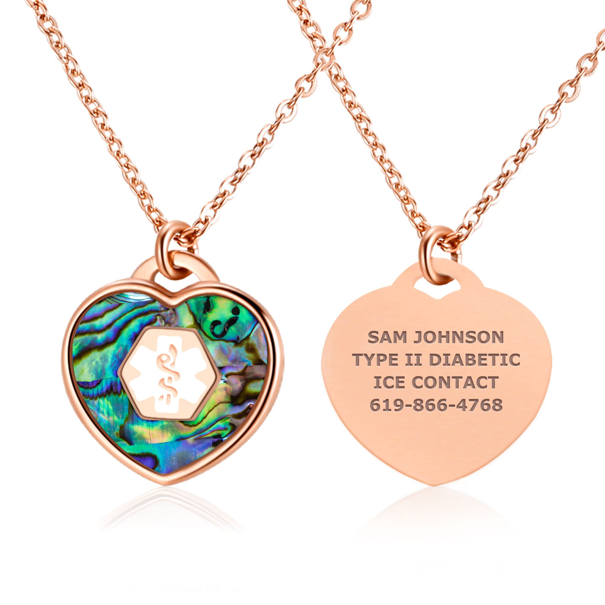 Divoti Abalone Shell PVD Rose Gold Heart Medical Alert ID Necklace for Women 24 in-White