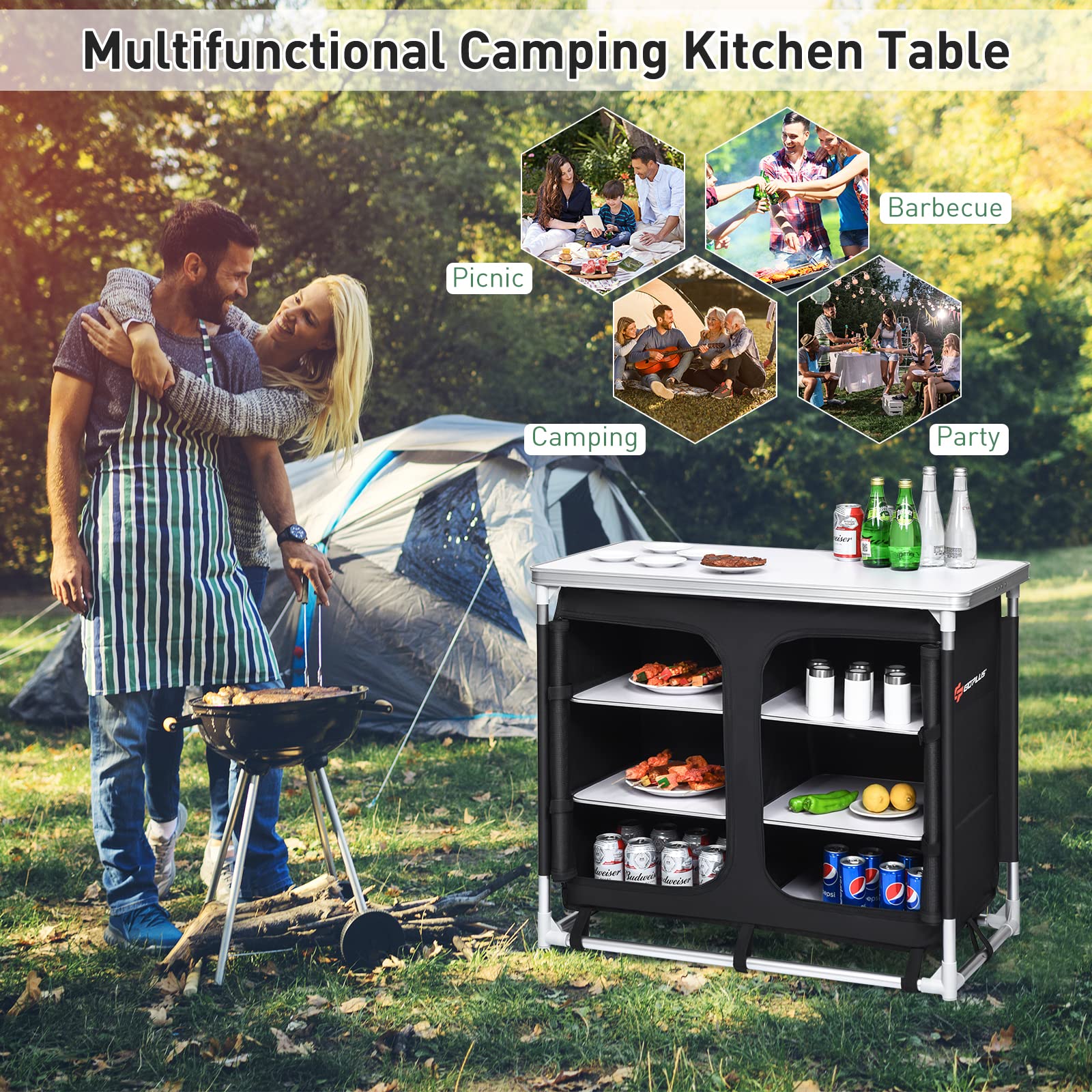 Goplus Camping Table with Storage, Aluminum Portable Camp Kitchen Cabinet Table with Carrying Bag, Lightweight Outdoor Cooking Table for Picnic Tailgating Beach BBQ Party RV (Black)