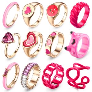 sanfenly 12pcs y2k chunky rings colorful rings for women acrylic resin rings aesthetic gold cute trendy funky statement stackable finger knuckle rings aesthetic y2k jewelry