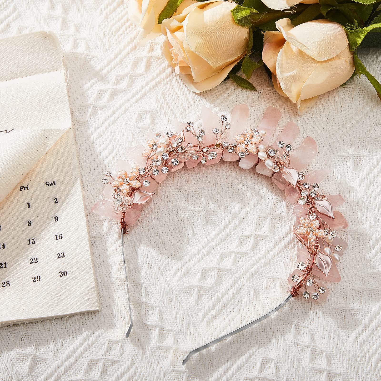 Raw Crystal Quartz Crown Headband Women Pink Crown Flower Crystal Mermaid Tiara Headband Handmade Natural Stone Witch Headpiece for Girls Wedding Party Bride Fairy Costume Hair Accessories