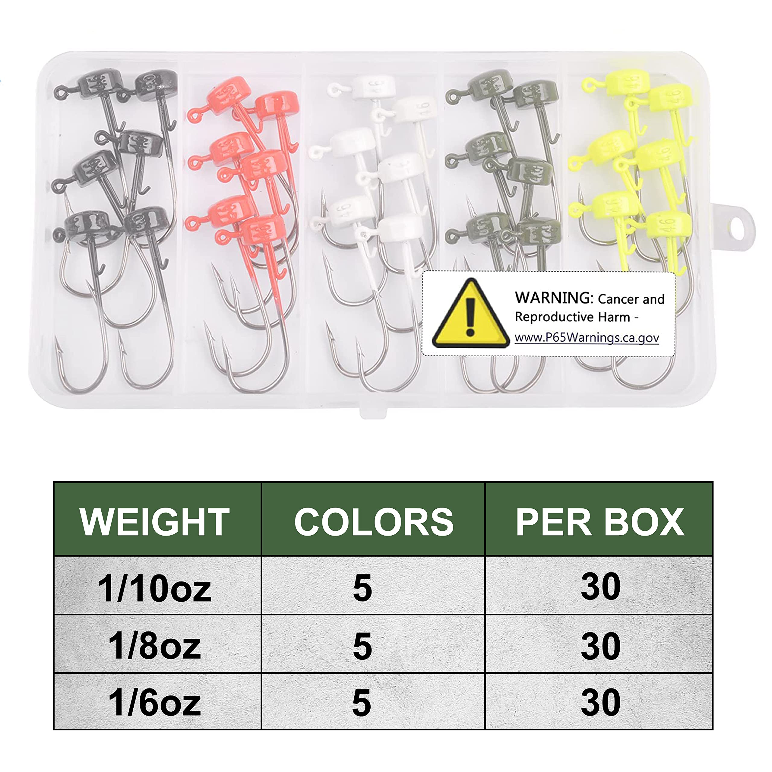 Ned Rig Jig Head Hooks Kit, 30pcs Finesse Mushroom Jig Heads for Soft Lures Mushroom Jig Heads Ned Rig Hooks for Bass Crappie Fishing 1/10oz 1/8oz 1/6oz