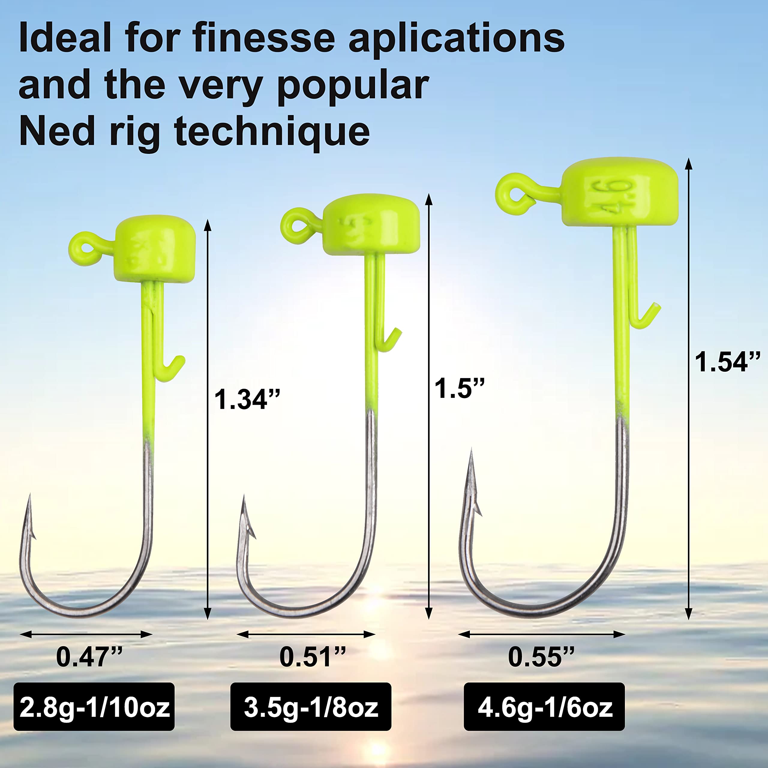 Ned Rig Jig Head Hooks Kit, 30pcs Finesse Mushroom Jig Heads for Soft Lures Mushroom Jig Heads Ned Rig Hooks for Bass Crappie Fishing 1/10oz 1/8oz 1/6oz