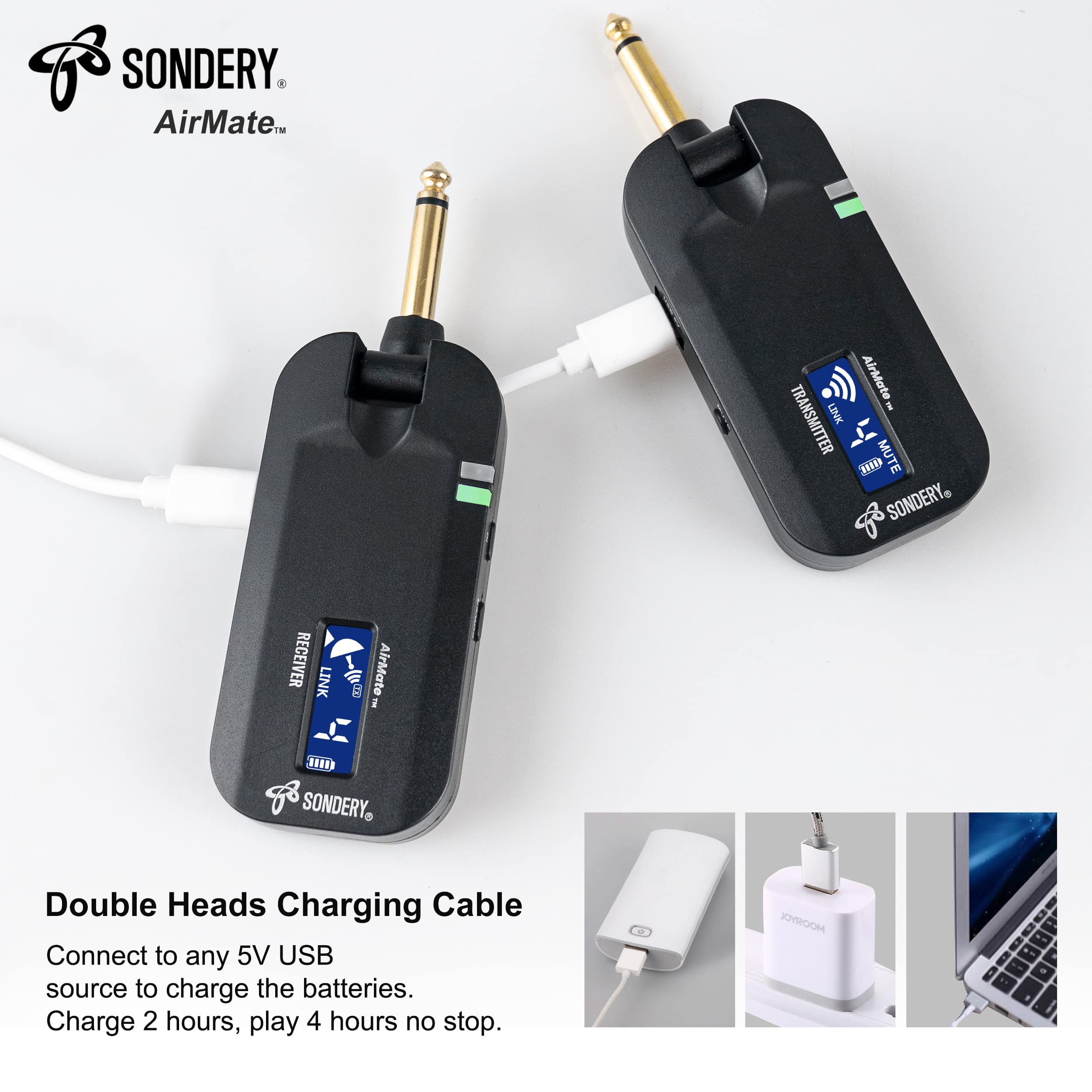 Sondery Wireless Guitar Transmitter Receiver System 5.8GHz, 24-bit High-Quality Audio, Ultra-Low Latency, Rechargeable with 4 Channels for Electric Instruments