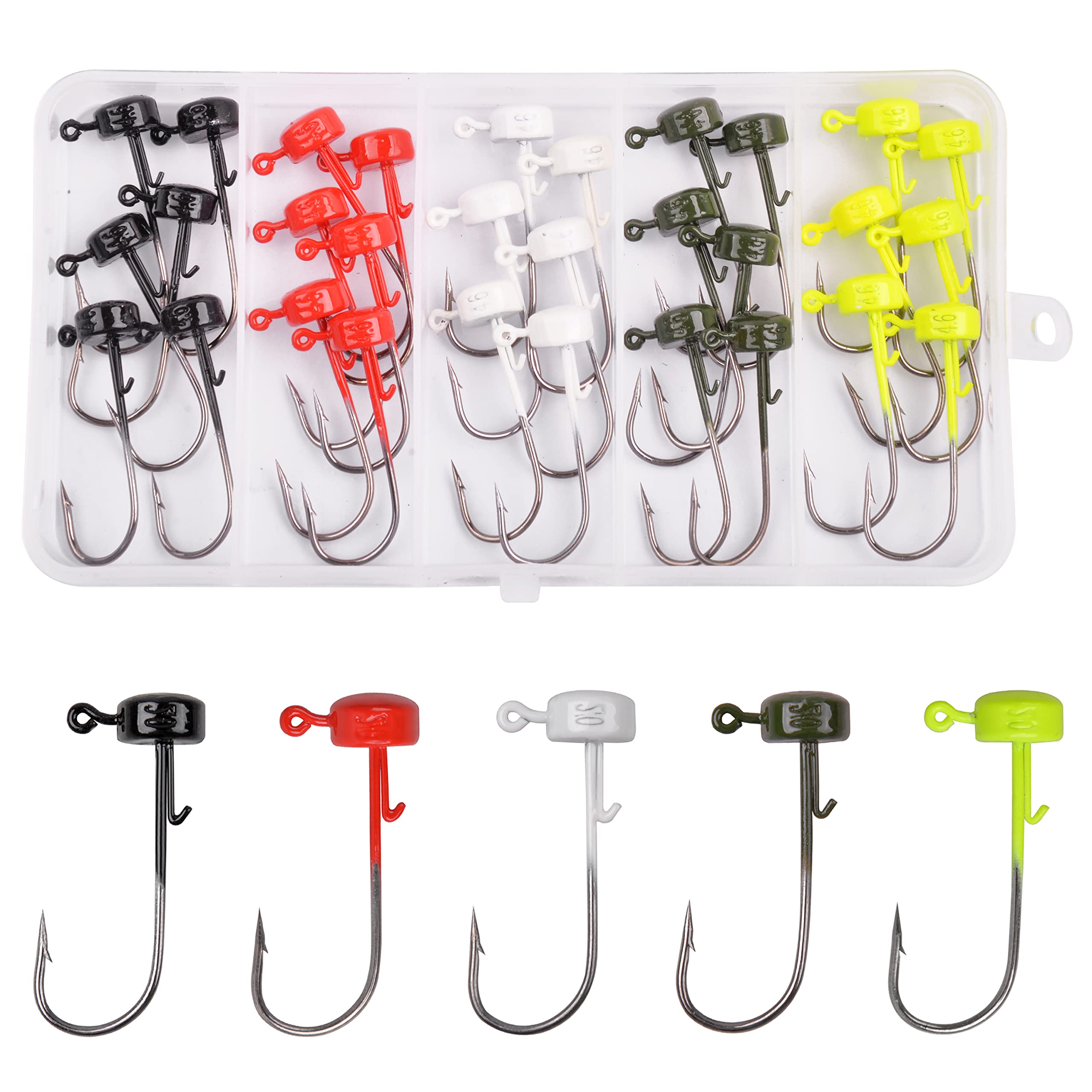 Ned Rig Jig Head Hooks Kit, 30pcs Finesse Mushroom Jig Heads for Soft Lures Mushroom Jig Heads Ned Rig Hooks for Bass Crappie Fishing 1/10oz 1/8oz 1/6oz