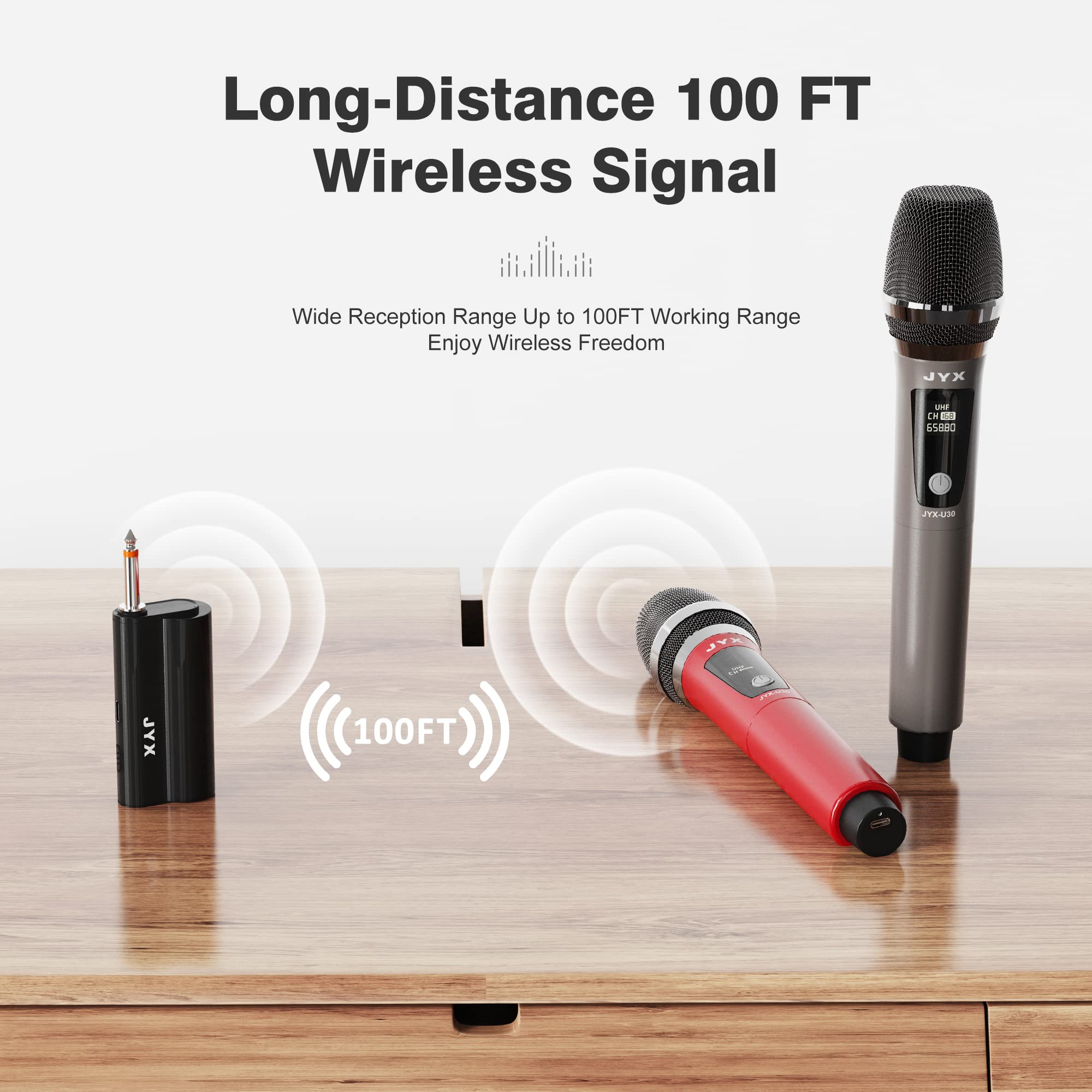 JYX Wireless Microphone, Dual 2 UHF Cordless Mic System with Rechargeable Receiver, Handheld Dynamic Microphone with 100ft Transmission Distance for Karaoke/Meeting/Wedding/Speech